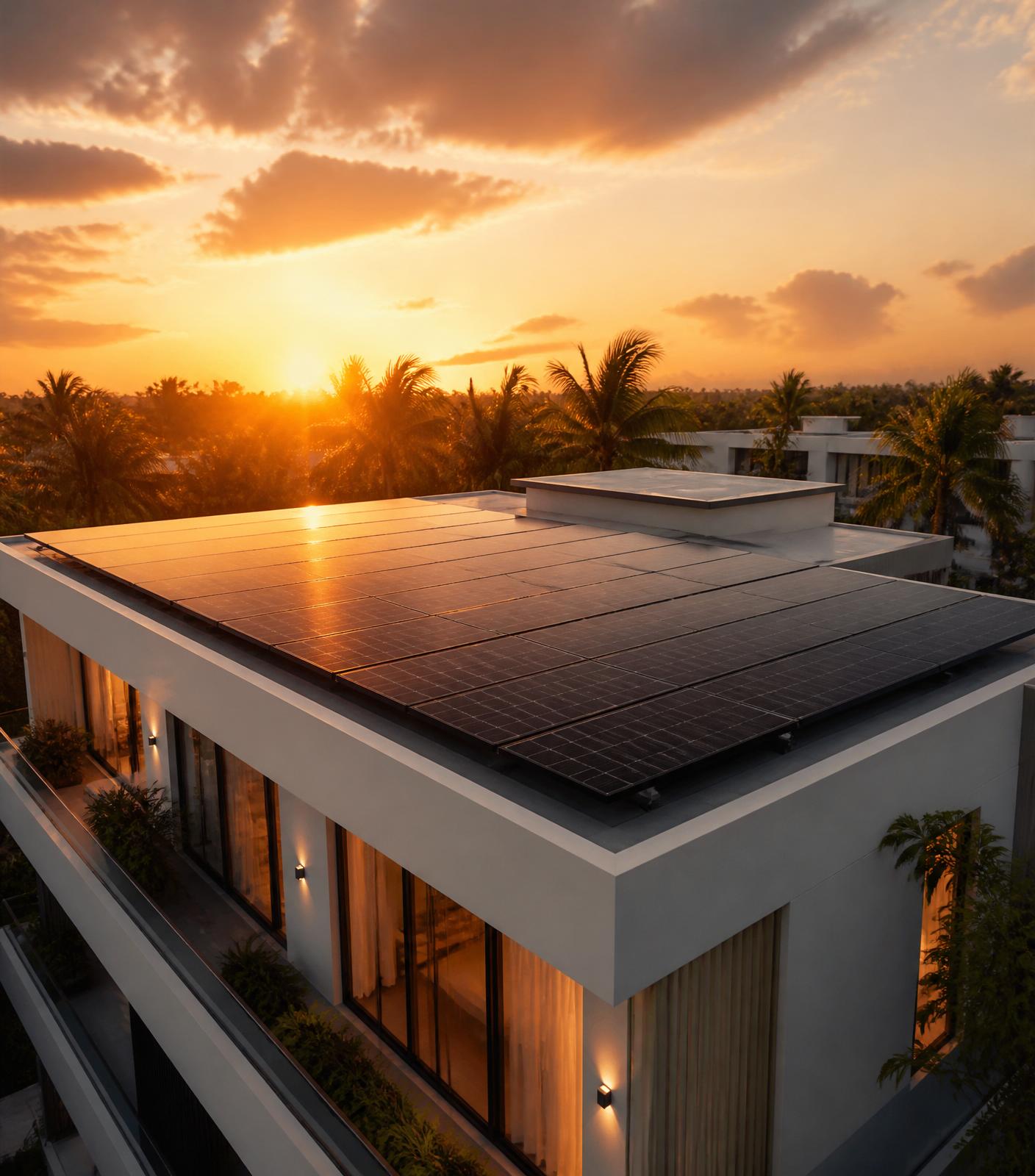 Modern luxury villa with rooftop solar panels at golden hour