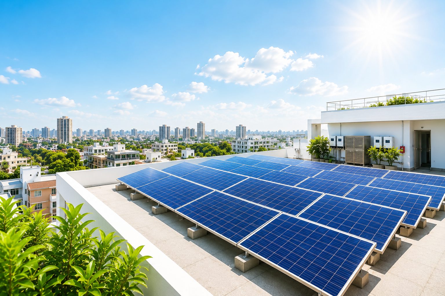 Bright rooftop solar installation on a sunny day